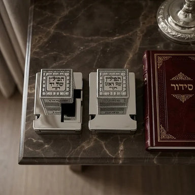 Pair of Plastic Tefillin Boxes Size 32- Silver Color with Plaque