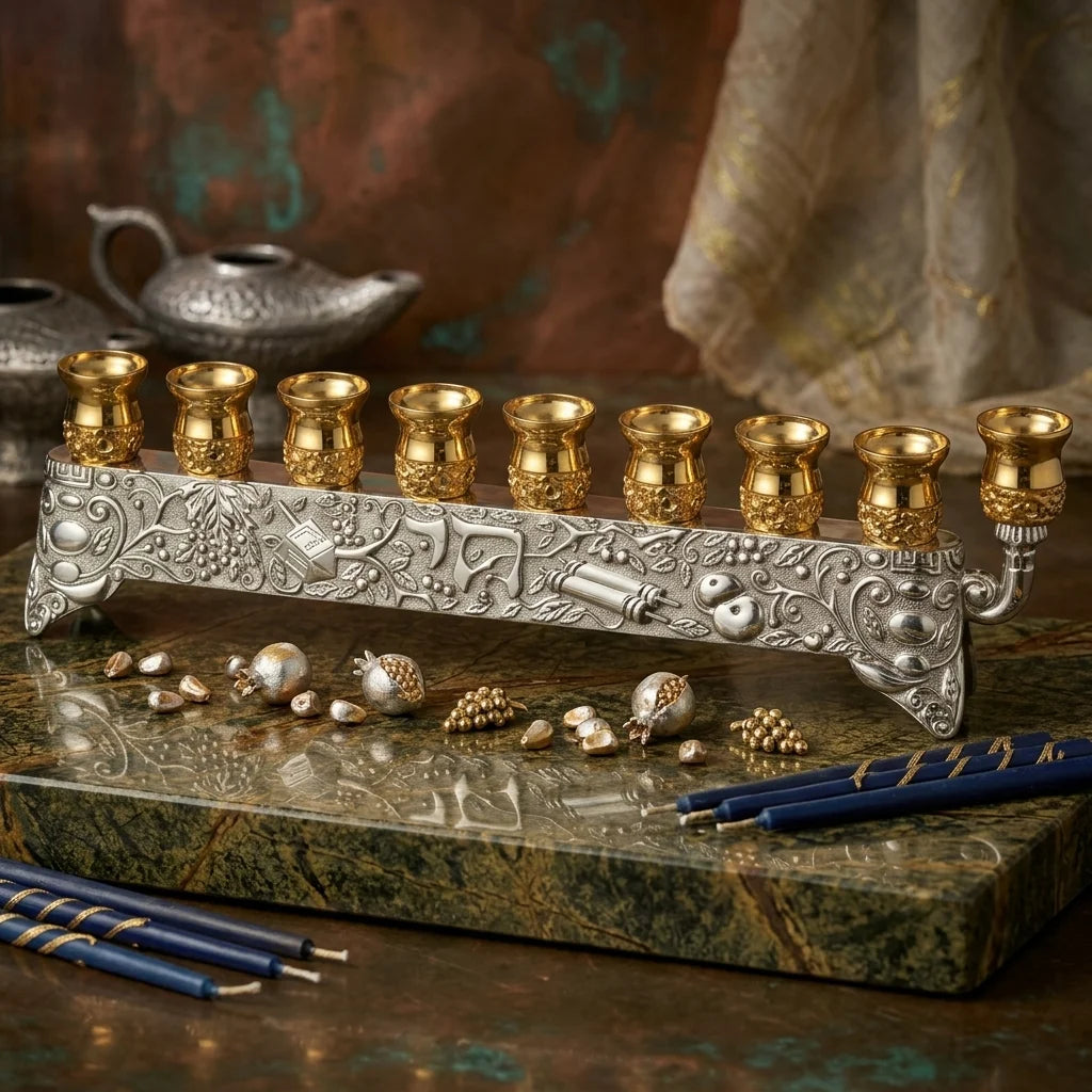 Elegant Menorah with Judaica Symbols 9x29 cm - Gold