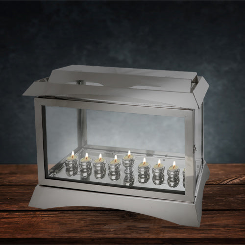 Metal and Glass Menorah Box with Candle Holders Nickel