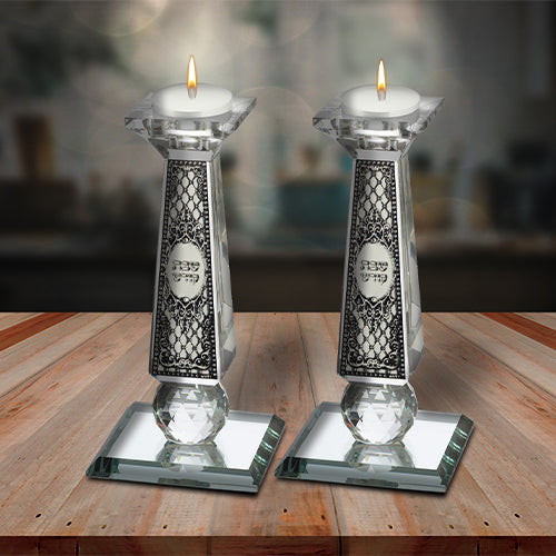Crystal Candlesticks with Metal Plaque