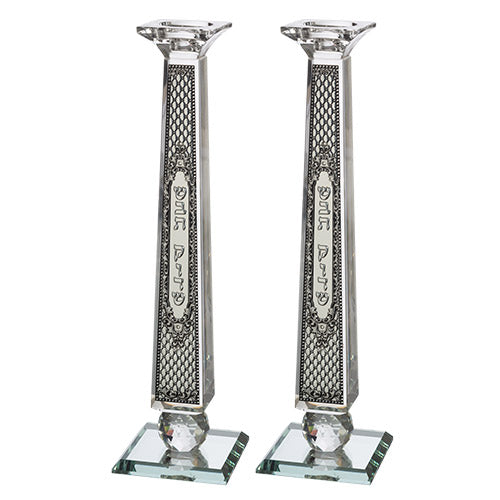 Crystal Candlesticks with Metal Plaque