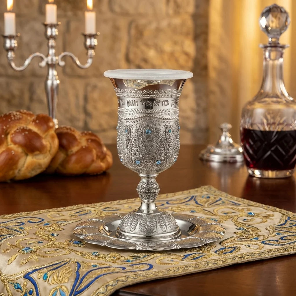 Nickel Kiddush Cup Filigree, 14 cm- with Checkered Design Contain 120ml // 4.06oz