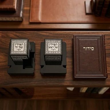 Pair of Plastic Tefillin Boxes Size 34- Black with Plaque