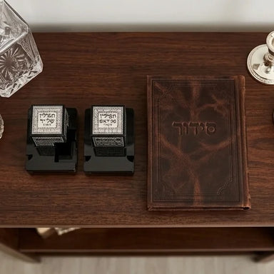 Pair of Plastic Tefillin Boxes Size 35- Black with Plaque