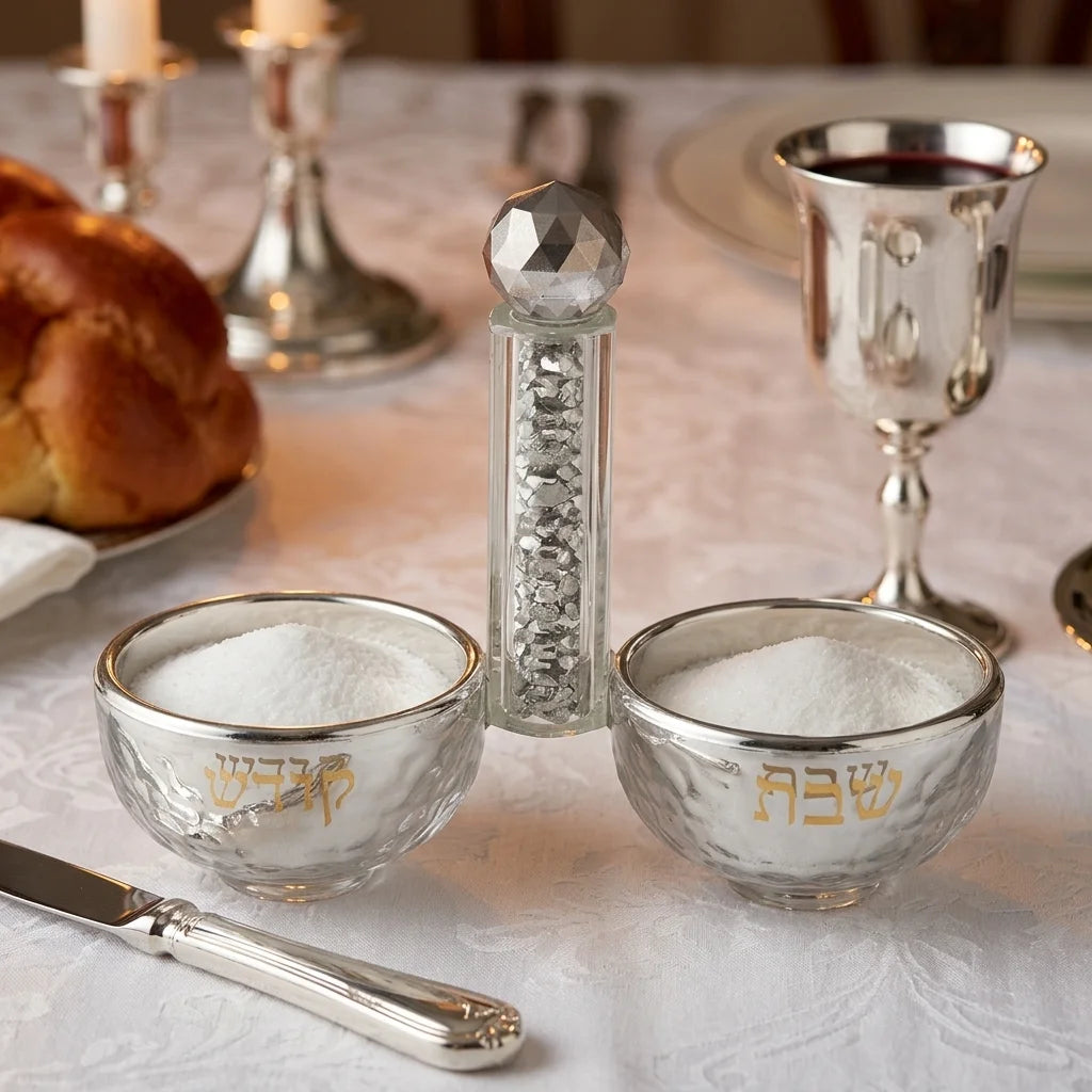 Crystal Salt & Pepper Holders 10*14 cm with Silver Glass Chips - with Stones