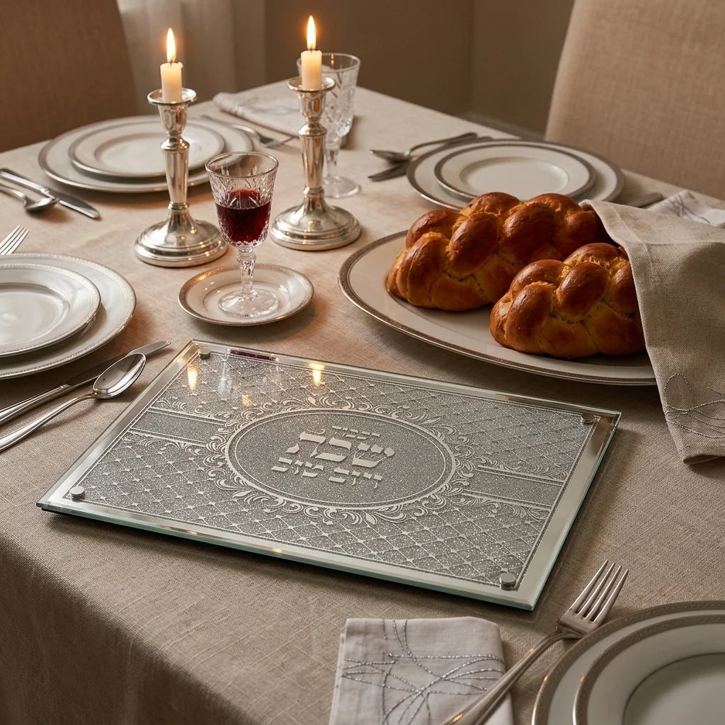 Elegant Glass Challah Tray with Mirror and Glitter 45x30 cm