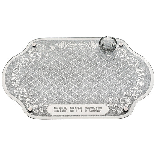 Glass Challah Tray with Salt Cellar 45x30 cm