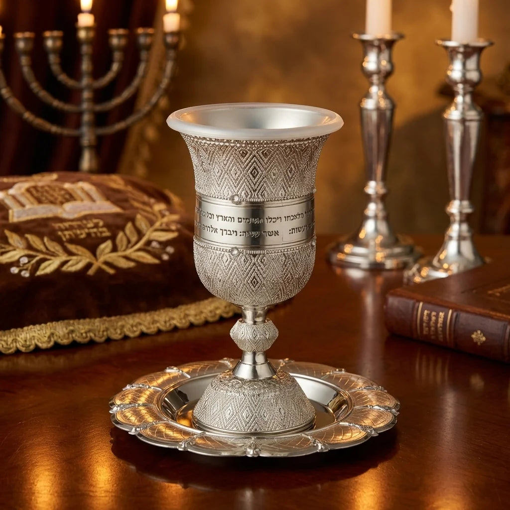 Nickel Kiddush Cup 15 cm with Saucer Filigree with Checkered Design Contain 100ml // 3.4oz