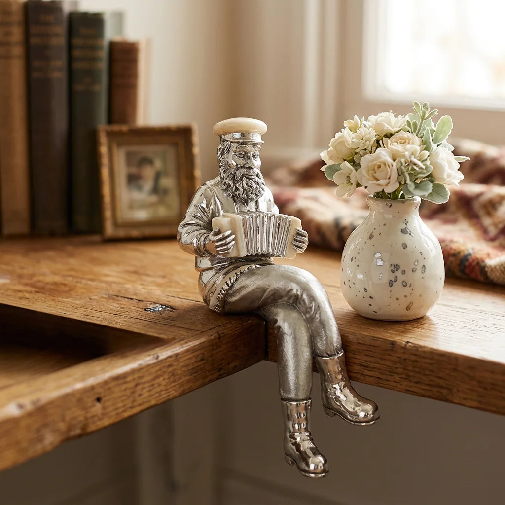 Polymer & Beige Enamel Sitting Hassidic Figurine with Cloth Legs 25 cm- Accordion Player - Silvered