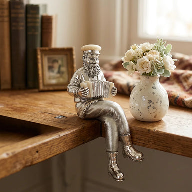 Polymer & Beige Enamel Sitting Hassidic Figurine with Cloth Legs 25 cm- Accordion Player - Silvered