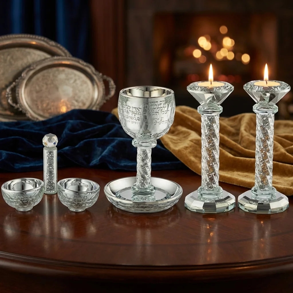 Crystal Set of Candlesticks ++ Kiddush Cup ++ Salt & Pepper Stand with Stones - Silver