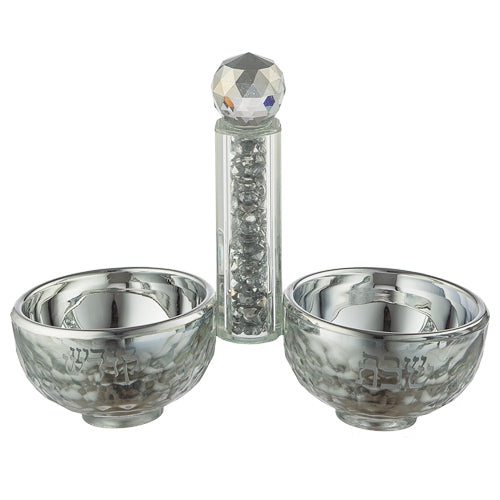 Crystal Set of Candlesticks ++ Kiddush Cup ++ Salt & Pepper Stand with Stones - Silver