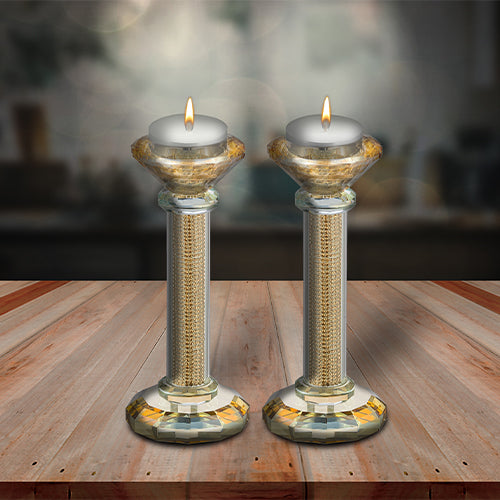 Pair of Crystal Candlesticks 16.5 cm with Stones - Gold