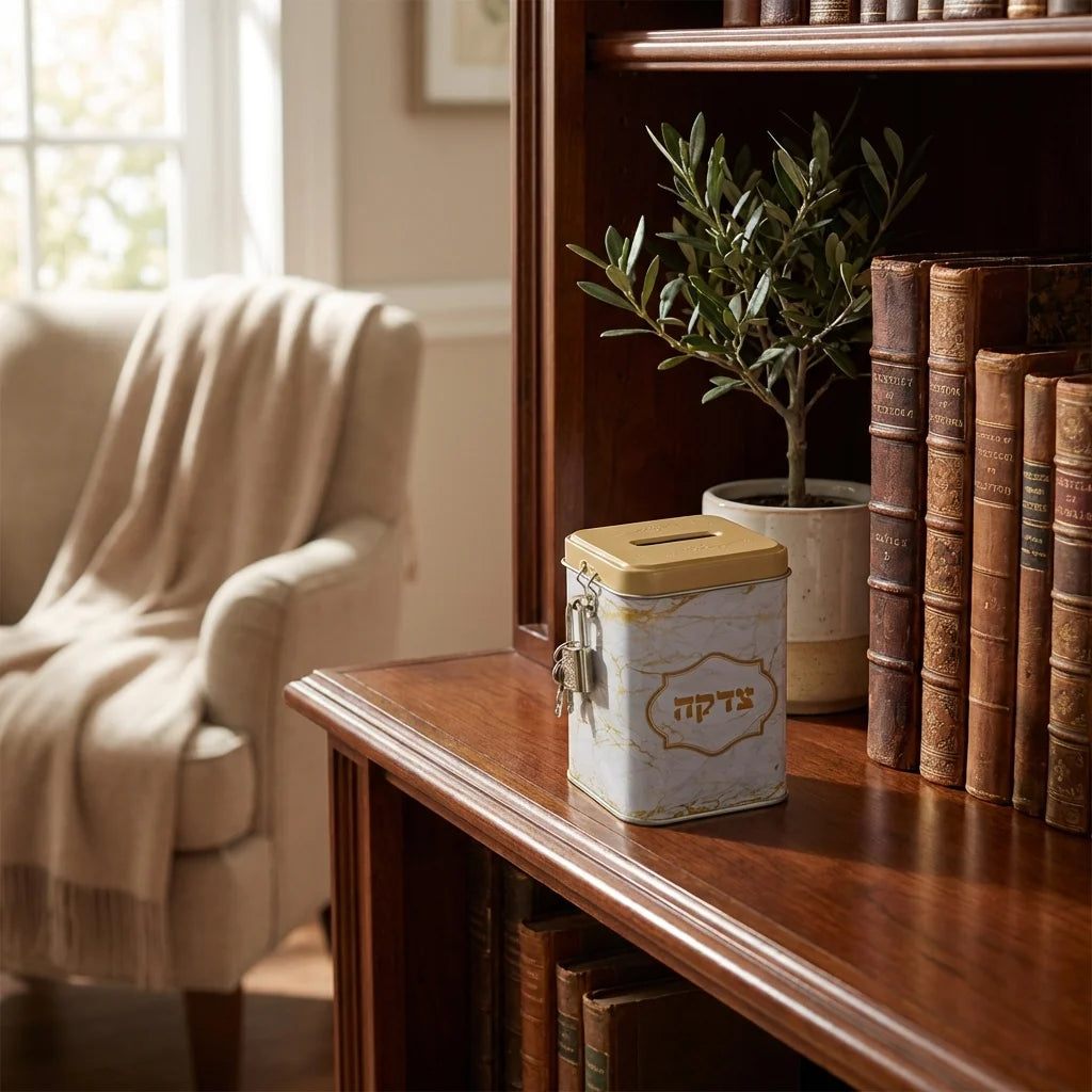 Tin Tzedakah Box 10 cm- Marble - Gold