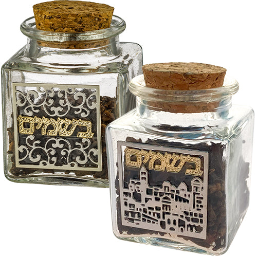 Glass Besamim Holder With Metal Plaque, Assorted Designs 6 Cm