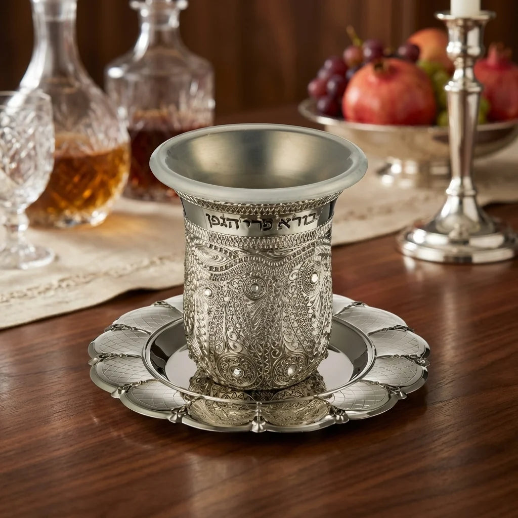 Nickel Kiddush Cup 8.5 cm with Saucer Filigree with Checkered Design Contain 120ml // 3.4oz