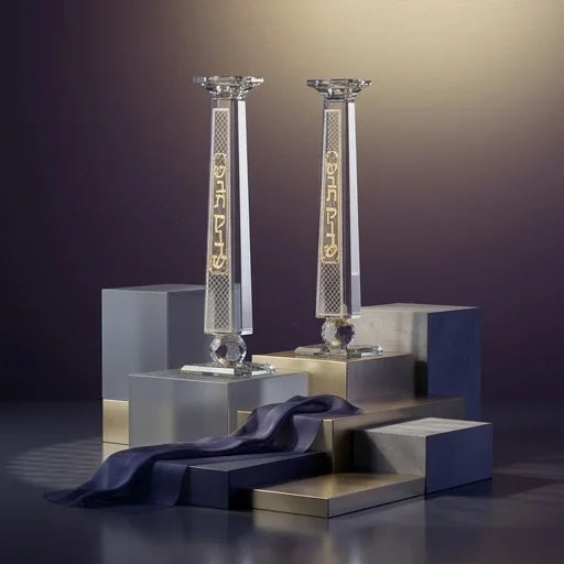 Pair of Crystal Elegant Candlesticks with Laser Cut Metal Plaque 33.5 cm