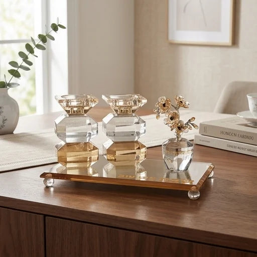 Set of Crystal Elegant Candlesticks, tray and tree