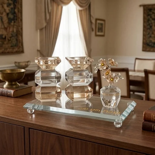 Set of Crystal Elegant Candlesticks, tray and tree