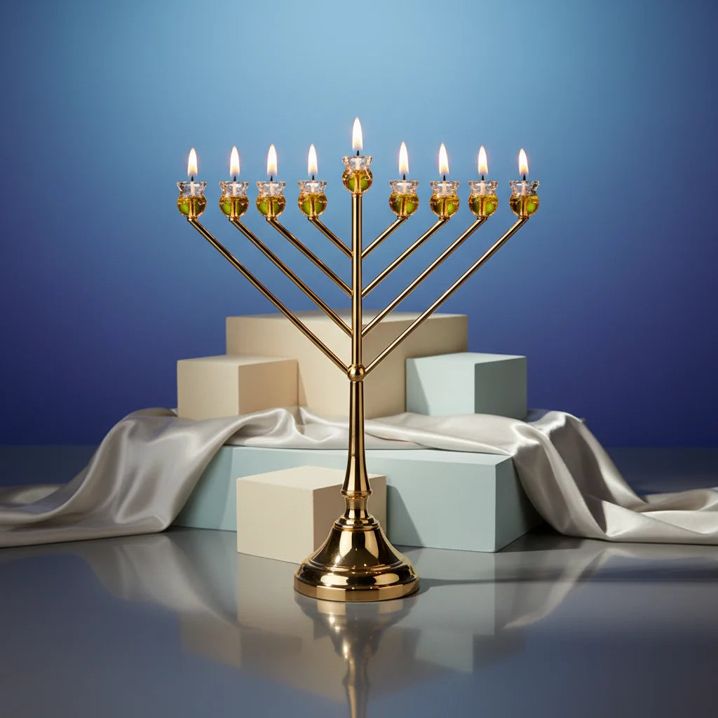 Metal Menorah 64 cm with Golden Crystal Cups- Rose Gold Finish