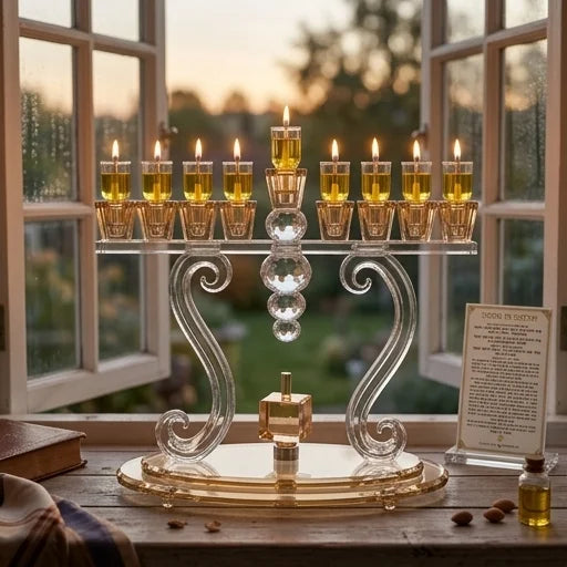 Crystal Menorah 27x27 cm with Metal Plaque and Stones
