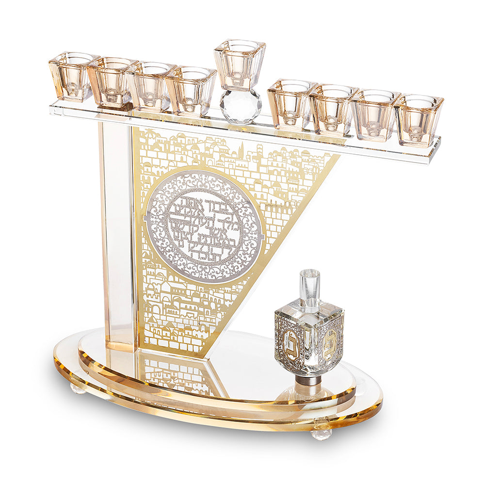 Crystal Menorah 28x27 cm with Metal Plaque and Stones