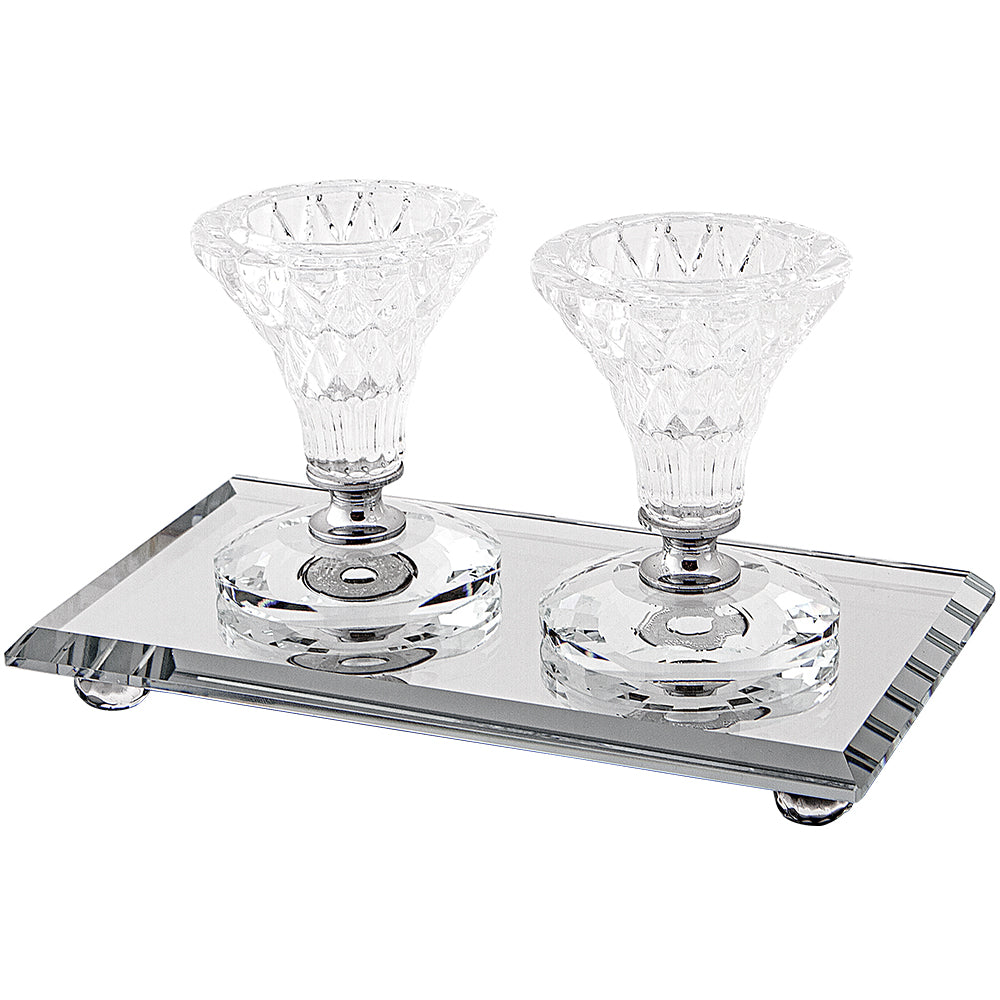 Pair Elegant Crystal Candlesticks 8cm with Elegant Tray 18x10 cm