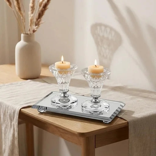 Pair Elegant Crystal Candlesticks 8cm with Elegant Tray 18x10 cm