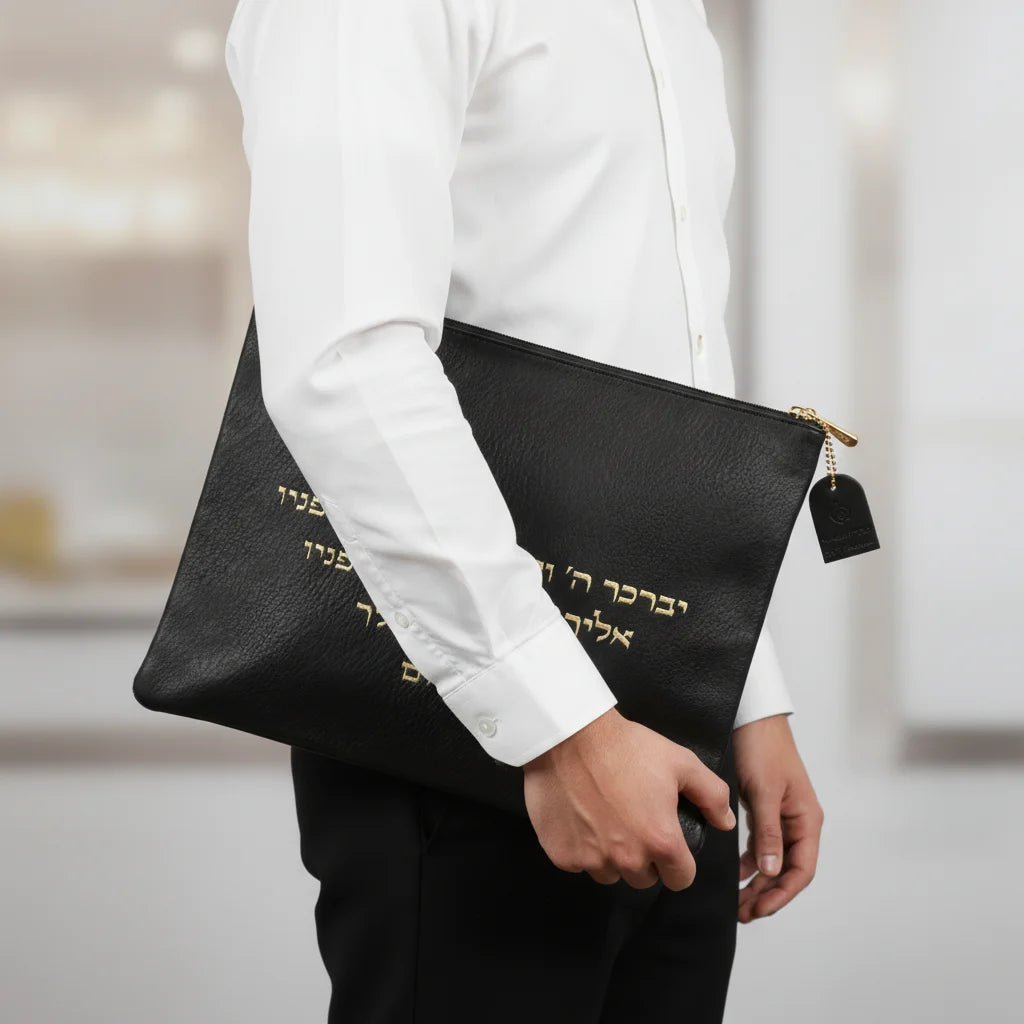 Leatherette Talit & Tefilin Set 38*31 cm - Black with Embossed Letters - Gold