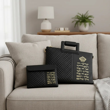 Leatherette Talit & Tefilin Set 38*31 cm - Black with Embossed Letters