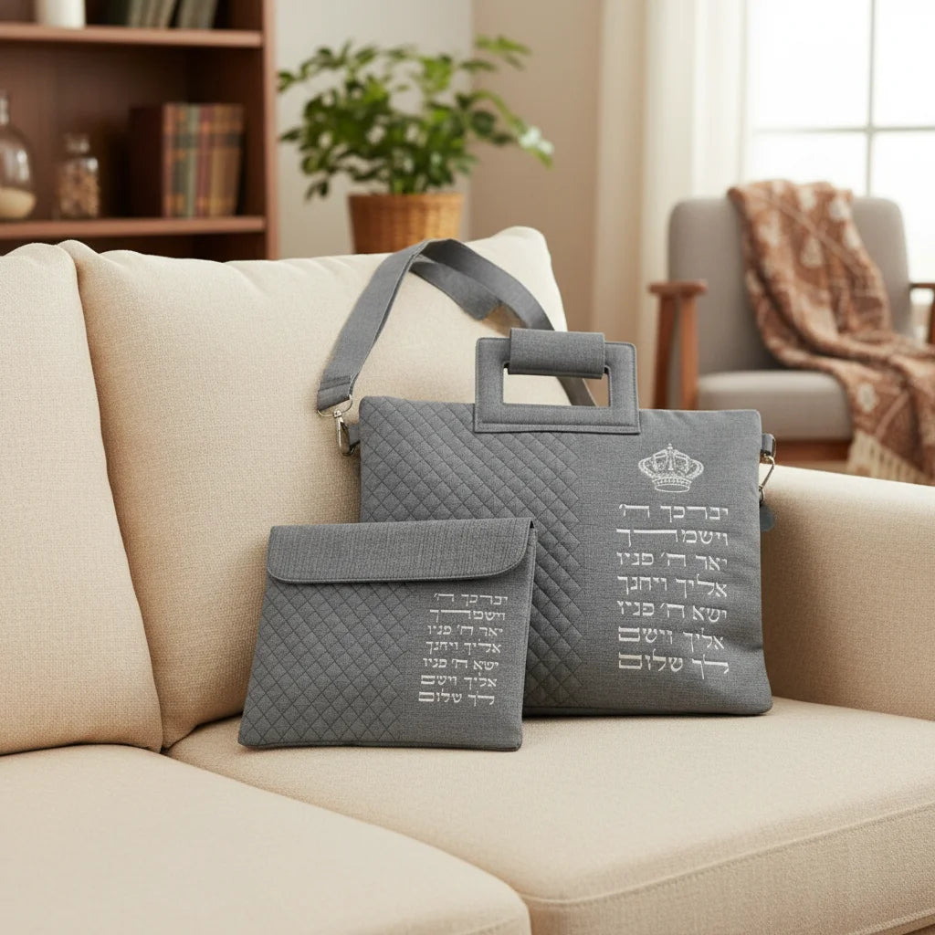 Leather Like Talit - Tefilin Set 36*29 cm with Bold Embroidery - Silver