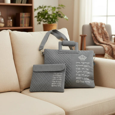 Leather Like Talit - Tefilin Set 36*29 cm with Bold Embroidery - Silver