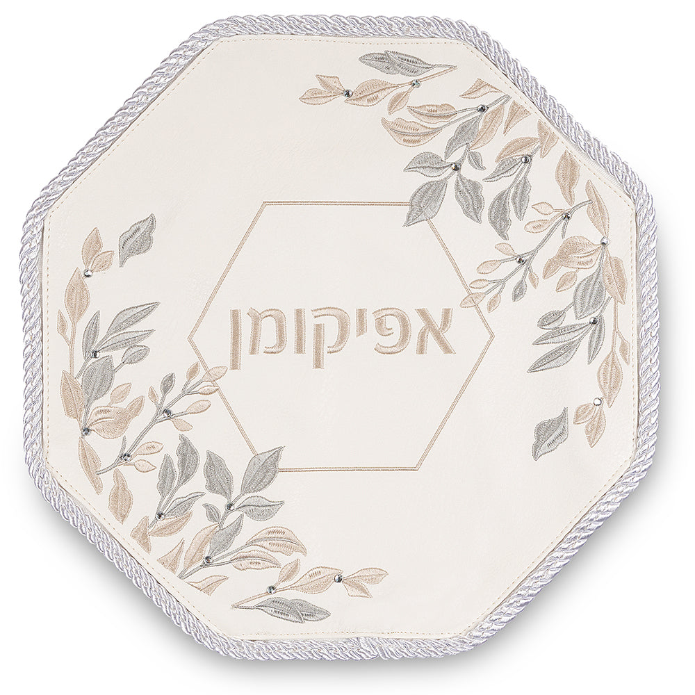 Leatherette Passover 4 pcs Set: Matzah, Afikoman, Cover - White, with Embroidery, with Stones