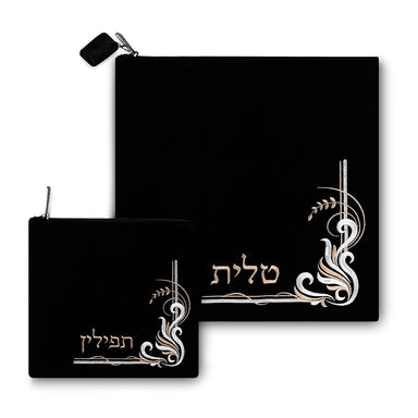 Velvet Tallit Tefillin Set 35.6*35.6 cm, Dark Blue with Embroidery