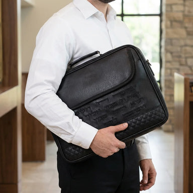 Leatherette Big Fabric Talit 43*36 cm with Handle- Black with Embroidery