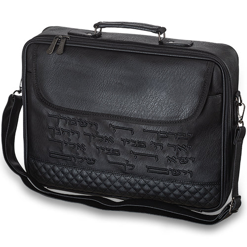 Leatherette Big Fabric Talit 43*36 cm with Handle- Black with Embroidery