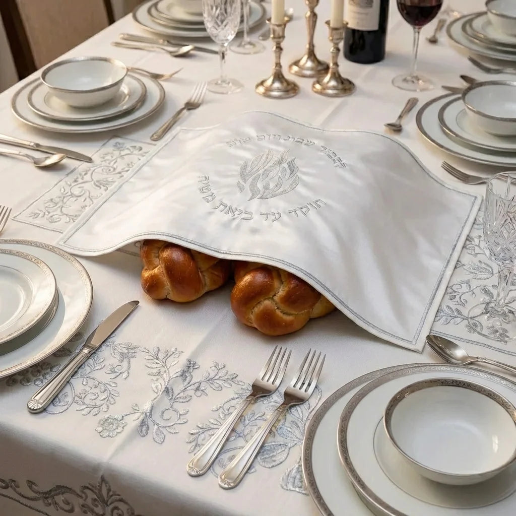Satin Challah Cover with Embroidery 51*41 cm - Silver, White