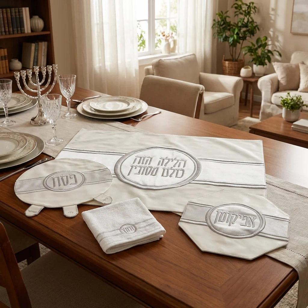 Leatherette 4 pcs Passover Set: Pillow, Passover & Afikoman Covers with Towel