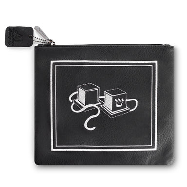 Faux Leather Tefillin Bag 21x23 cm, Black with Embroidery