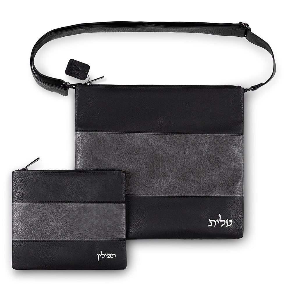 Faux Leather Tallit Tefillin Set 36x34 cm, Black&gray with Embroidery