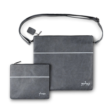 Faux Leather Tallit Tefillin Set 36x34 cm, Dark Blue with Embroidery