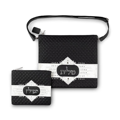 Faux Leather Tallit Tefillin Set 36x34 cm, Black with Embroidery