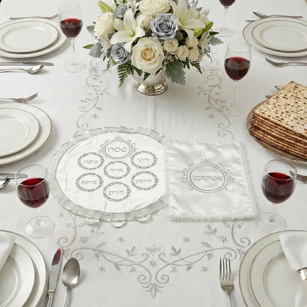 White Satin Passover Set with Slv Embroidery: Passover and Afikoman Covers 46 cm "Passover Signs"