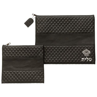 Leatherette Tallit - Tefillin Set 36*29 cm Black with Embossed Logo - Silver