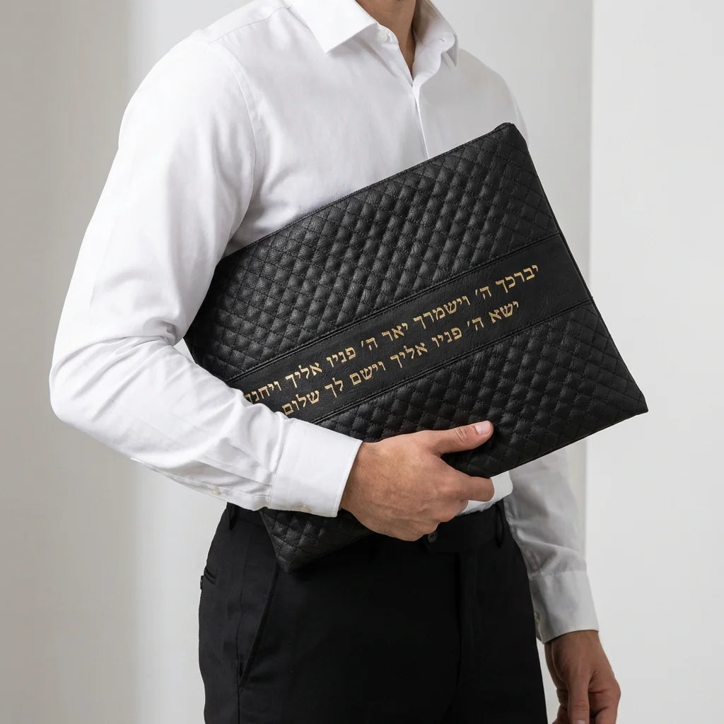 Leatherette Tallit - Tefillin Set 36*29 cm Black with Embossed Logo - Gold