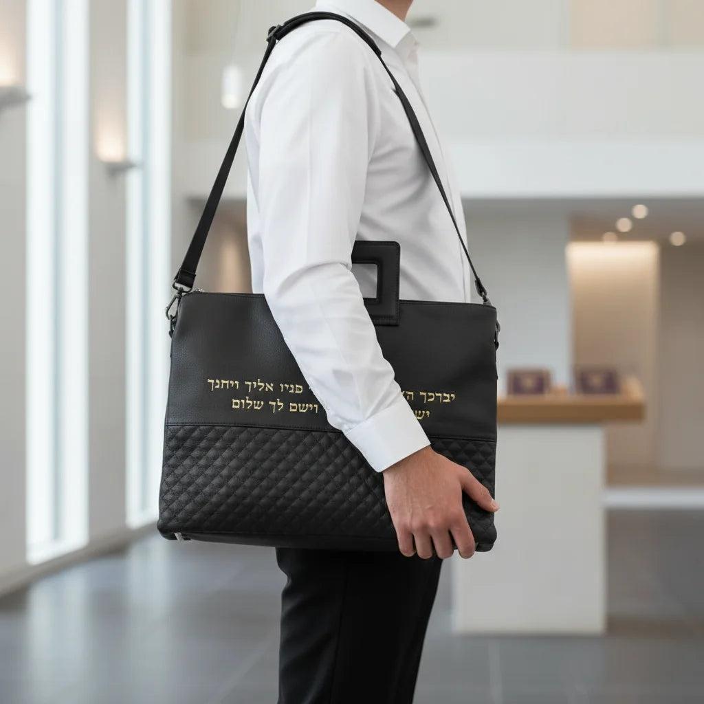 PU Leathere Fabric Talit & Tefilin Set 38*31 cm - Black with Embossed Logo - Gold