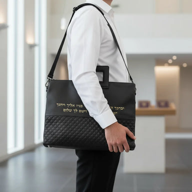 PU Leathere Fabric Talit & Tefilin Set 38*31 cm - Black with Embossed Logo - Gold