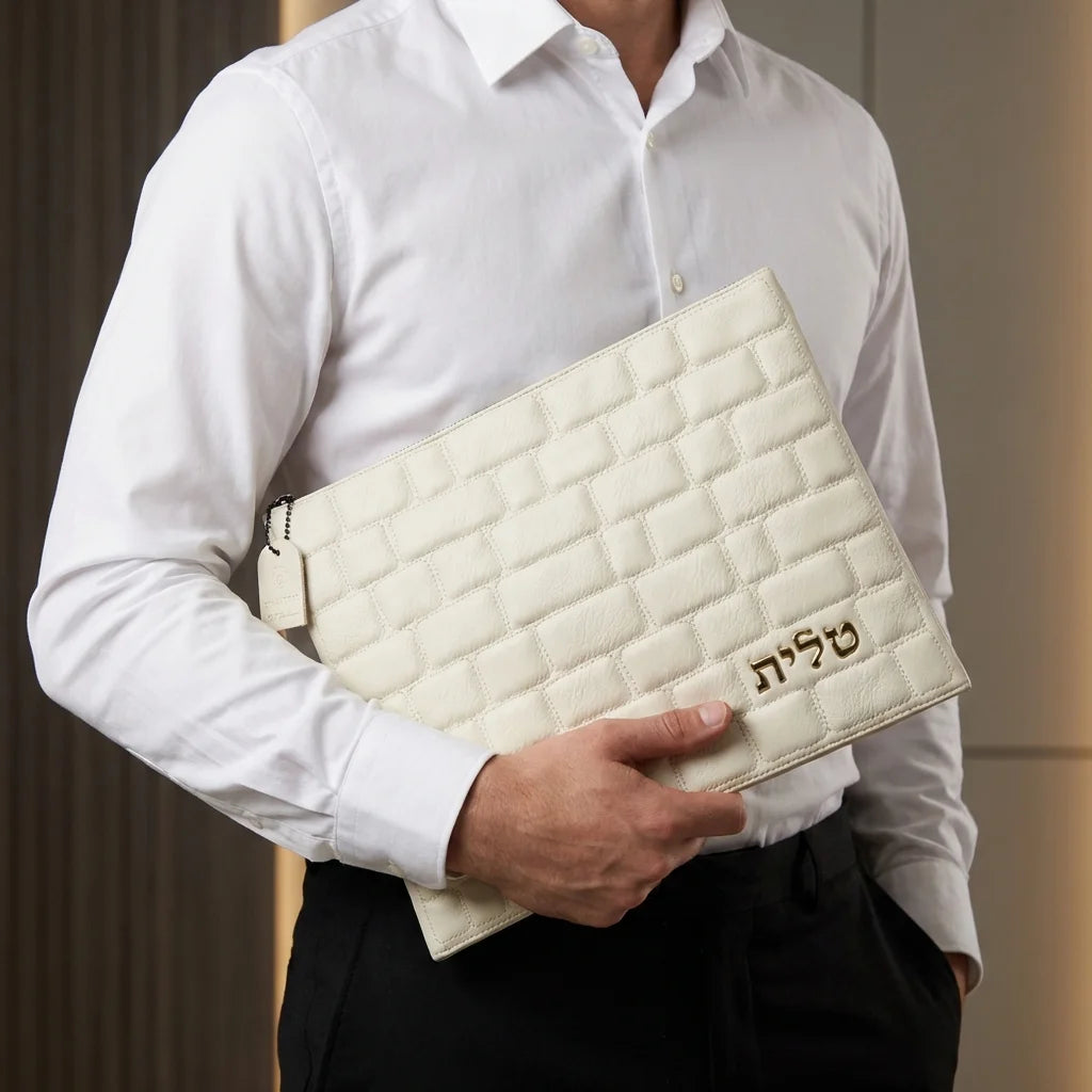 Leatherette Tallit - Tefillin Set 36*29 cm with Embossed Logo - White