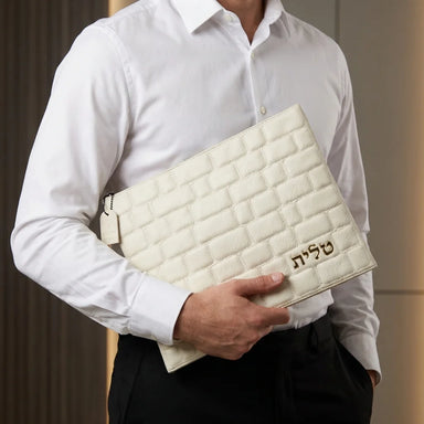 Leatherette Tallit - Tefillin Set 36*29 cm with Embossed Logo - White
