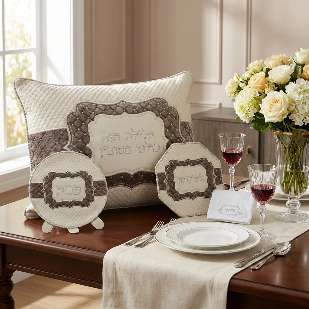 Leatherette 4 pcs Passover Set: Pillow, Passover & Afikoman Covers with Towel